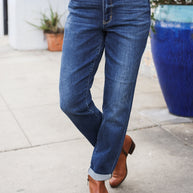 Judy Blue Mid Rise Cuffed Boyfriend Straight Leg Jeans
