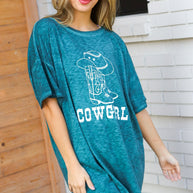 Emerald Cotton Blend COWGIRL Graphic Long Tee