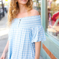 Blue Gingham Smocked Button Off Shoulder Top