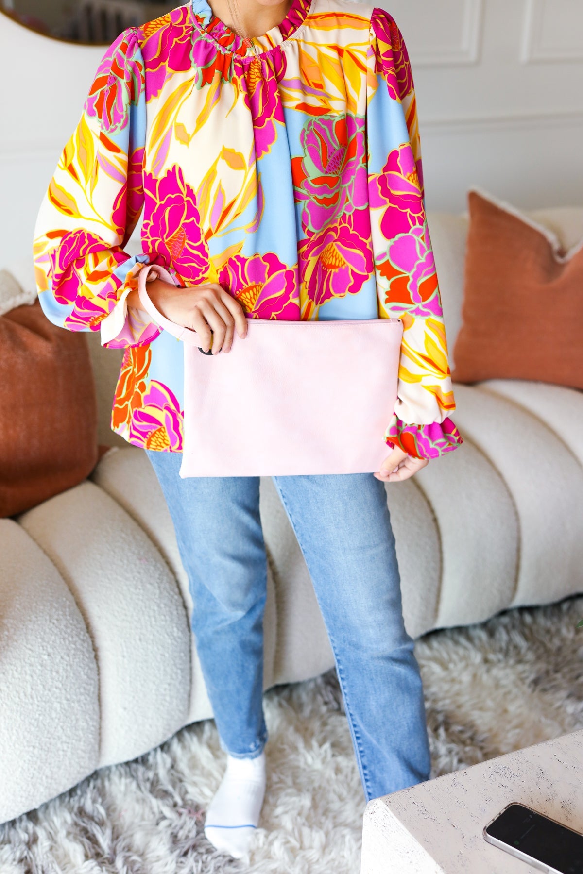 Blush Faux Leather Handle Zipper Clutch