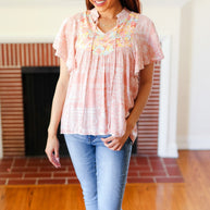 Blush Paisley Floral Yoke Tie Neck Top