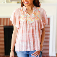 Blush Paisley Floral Yoke Tie Neck Top