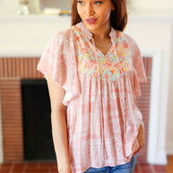 Blush Paisley Floral Yoke Tie Neck Top