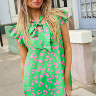 Be Bold Green Animal Print Bow Tie Flutter Sleeve Top