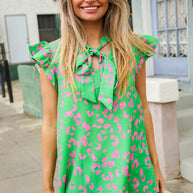 Be Bold Green Animal Print Bow Tie Flutter Sleeve Top