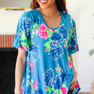 Feeling Playful Blue Floral Ruffle Sleeve & Hem Tunic Top