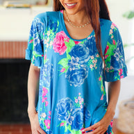 Feeling Playful Blue Floral Ruffle Sleeve & Hem Tunic Top