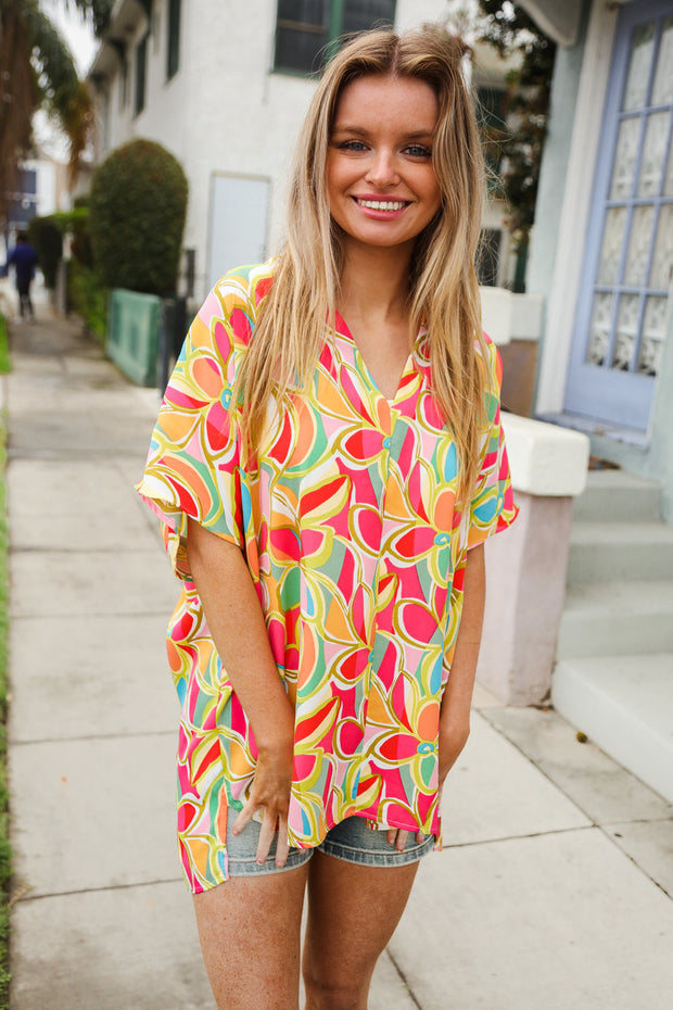 Casual Chic Multicolor Abstract V Neck Dolman Sleeve Top