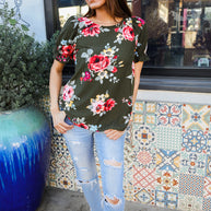 Flower Power Moss Green Floral Print Ruffle Puff Sleeve Top