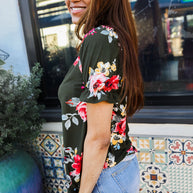 Flower Power Moss Green Floral Print Ruffle Puff Sleeve Top