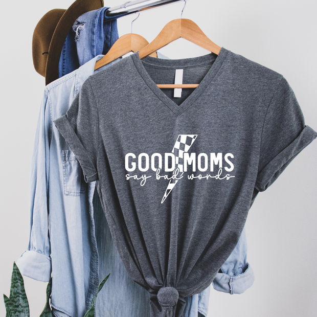 V-Neck Lightning Good Moms Say Bad Words Graphic Tee