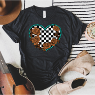 Turquoise Checkered Heart with Flowers Graphic Tee