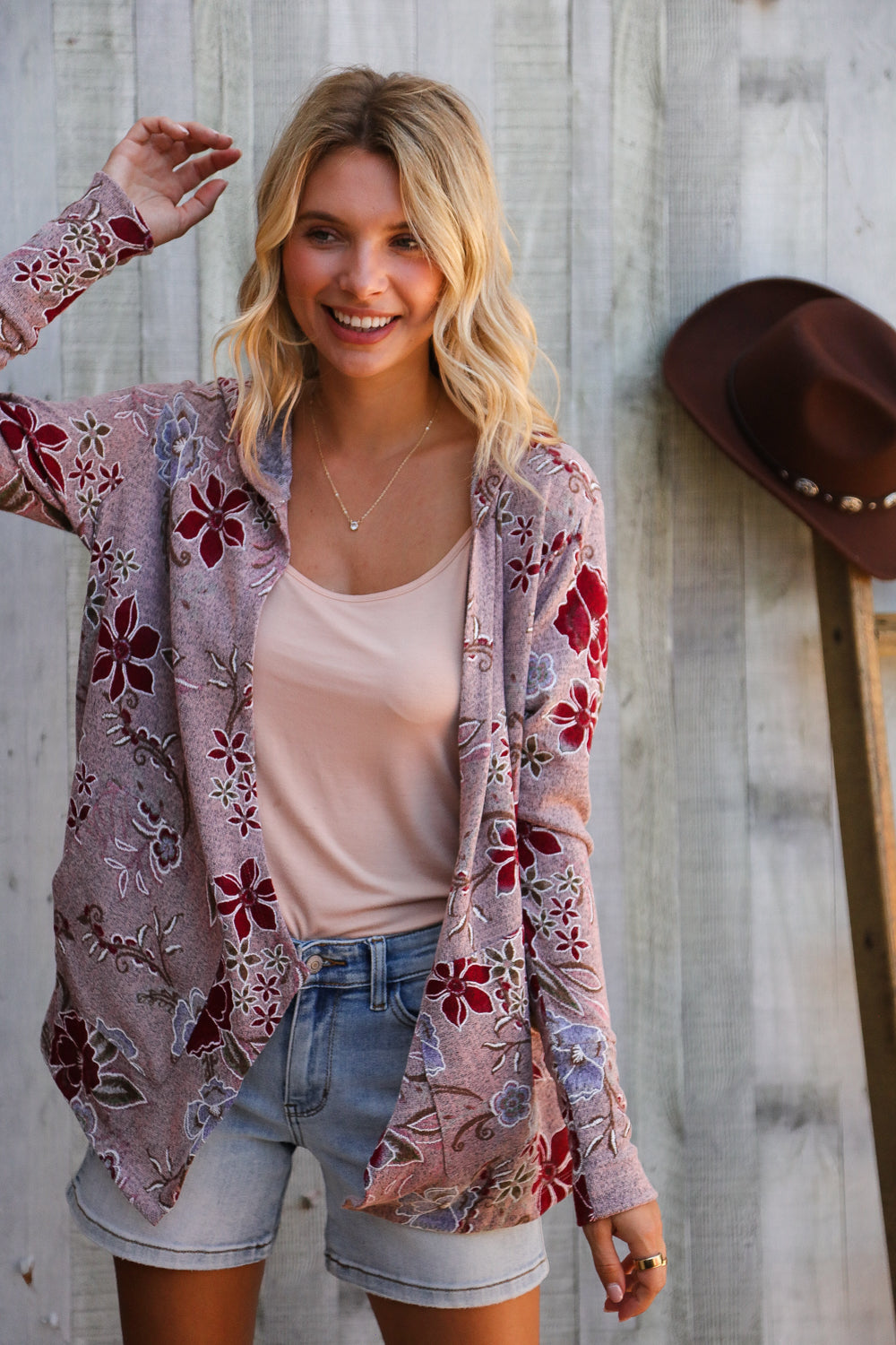 Find Love Bronze Long Sleeve Floral Print Open Cardigan Hoodie