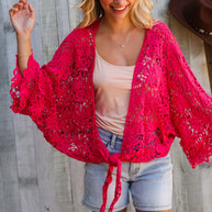 Beautiful You Fuchsia Crochet Front Tie Bell Sleeve Cardigan