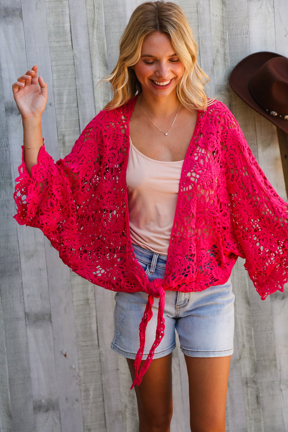 Beautiful You Fuchsia Crochet Front Tie Bell Sleeve Cardigan