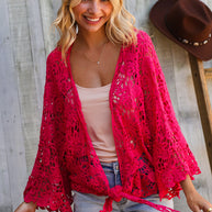 Beautiful You Fuchsia Crochet Front Tie Bell Sleeve Cardigan