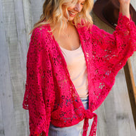 Beautiful You Fuchsia Crochet Front Tie Bell Sleeve Cardigan