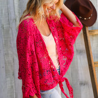 Beautiful You Fuchsia Crochet Front Tie Bell Sleeve Cardigan