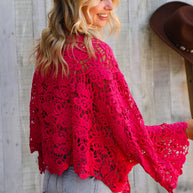 Beautiful You Fuchsia Crochet Front Tie Bell Sleeve Cardigan