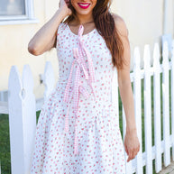 Beautiful You Ivory Checker & Floral Print Ribbon Tie Sleeveless Dress