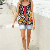 Flower Power Black Sleeveless Babydoll Bow Tie Top