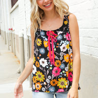 Flower Power Black Sleeveless Babydoll Bow Tie Top
