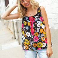 Flower Power Black Sleeveless Babydoll Bow Tie Top