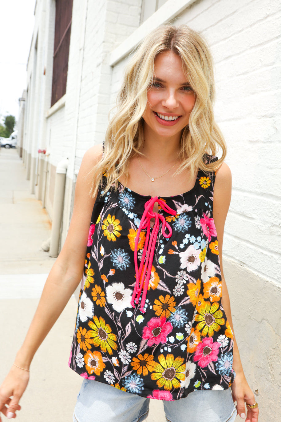 Flower Power Black Sleeveless Babydoll Bow Tie Top