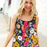 Flower Power Black Sleeveless Babydoll Bow Tie Top