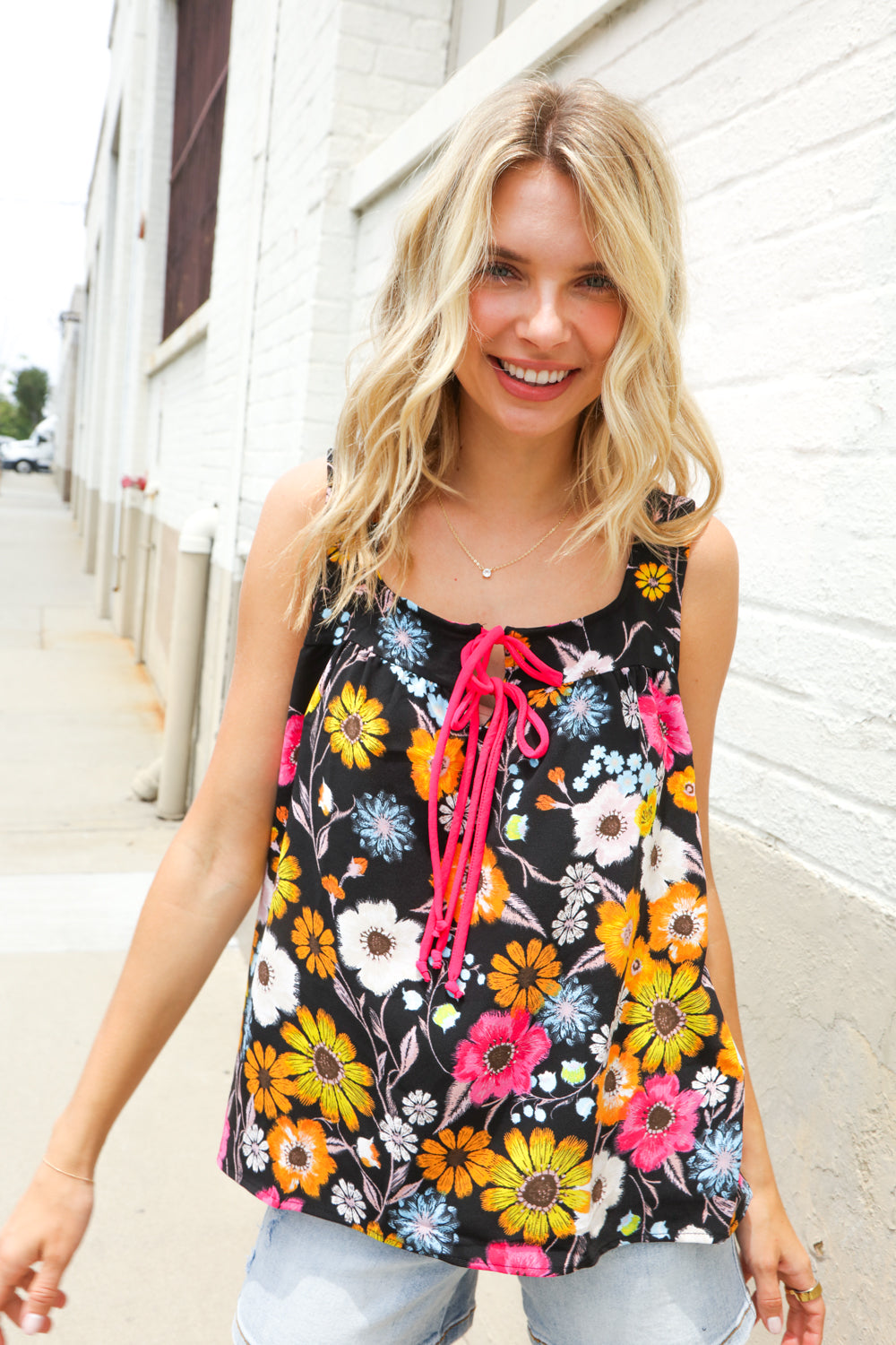 Flower Power Black Sleeveless Babydoll Bow Tie Top