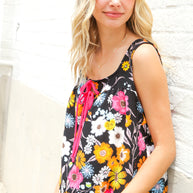 Flower Power Black Sleeveless Babydoll Bow Tie Top