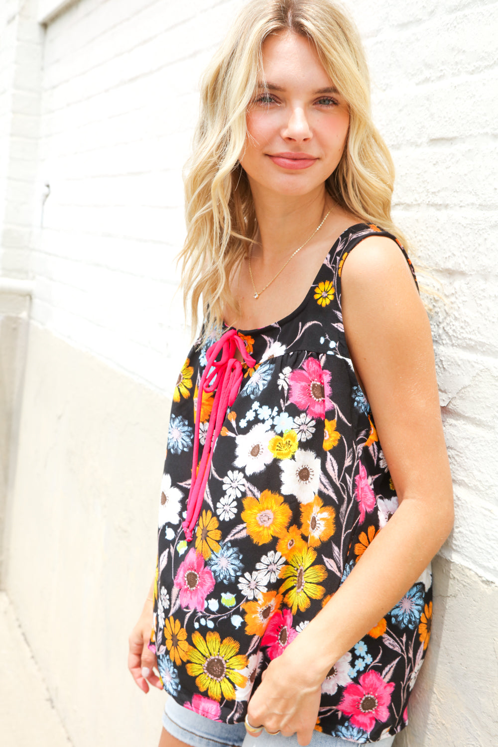 Flower Power Black Sleeveless Babydoll Bow Tie Top