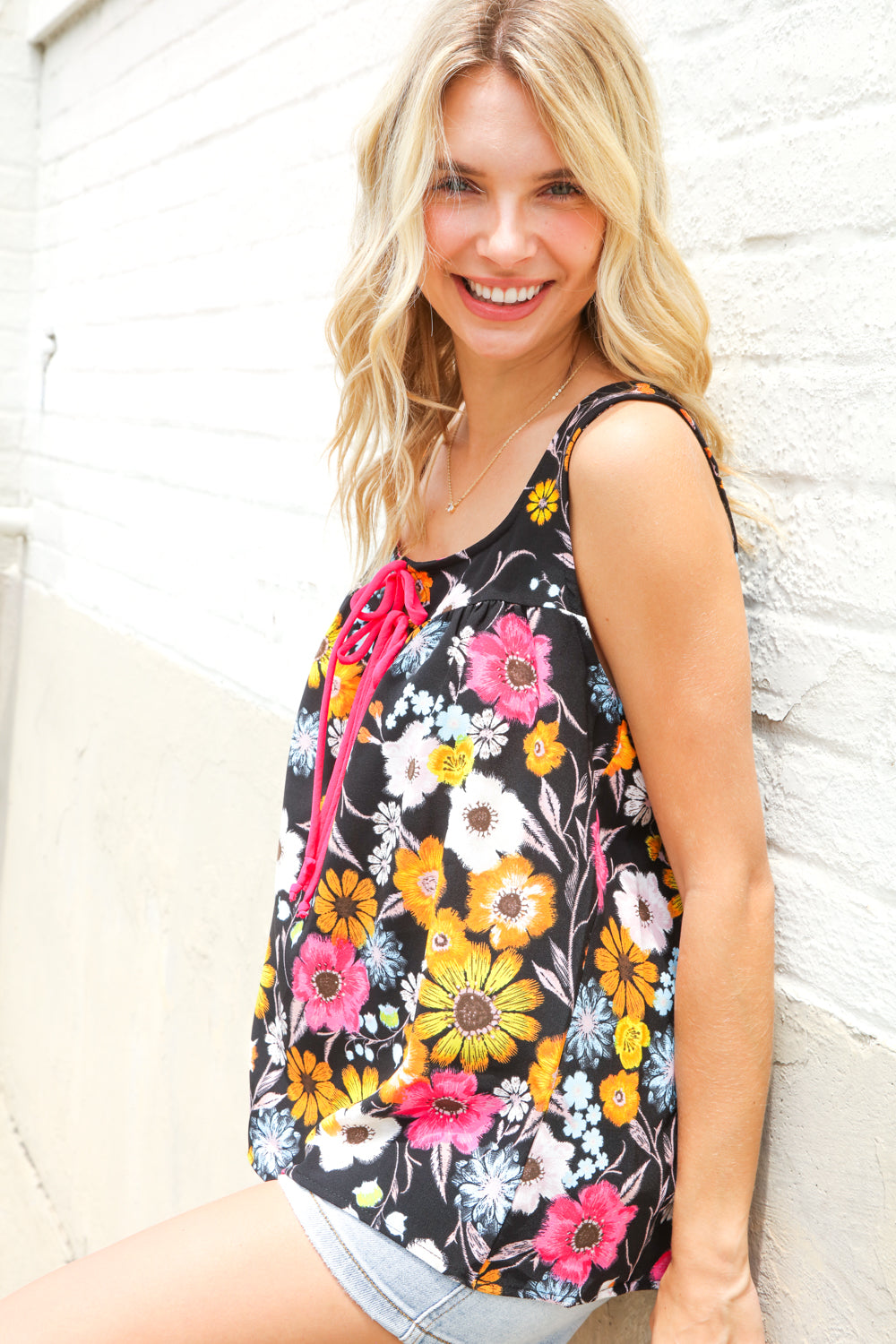 Flower Power Black Sleeveless Babydoll Bow Tie Top