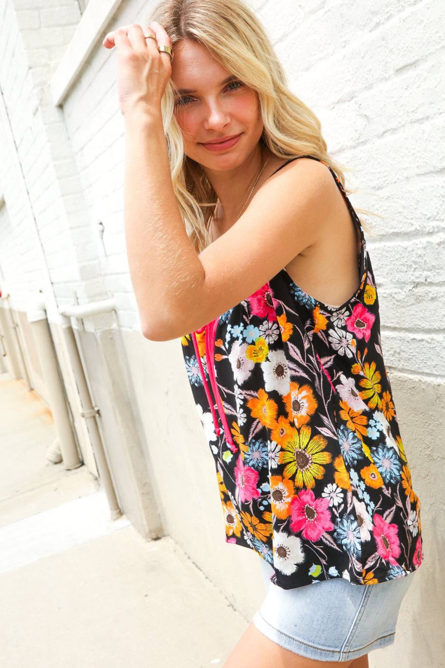 Flower Power Black Sleeveless Babydoll Bow Tie Top