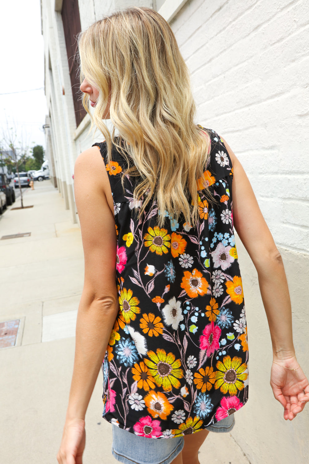 Flower Power Black Sleeveless Babydoll Bow Tie Top