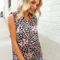 Dazzle In Black Leopard Print Frill Notch Neck Top