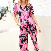 Spring Vibes Black Floral Print Ruffle Sleeve Wide Leg Jumpsuit