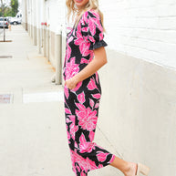 Spring Vibes Black Floral Print Ruffle Sleeve Wide Leg Jumpsuit