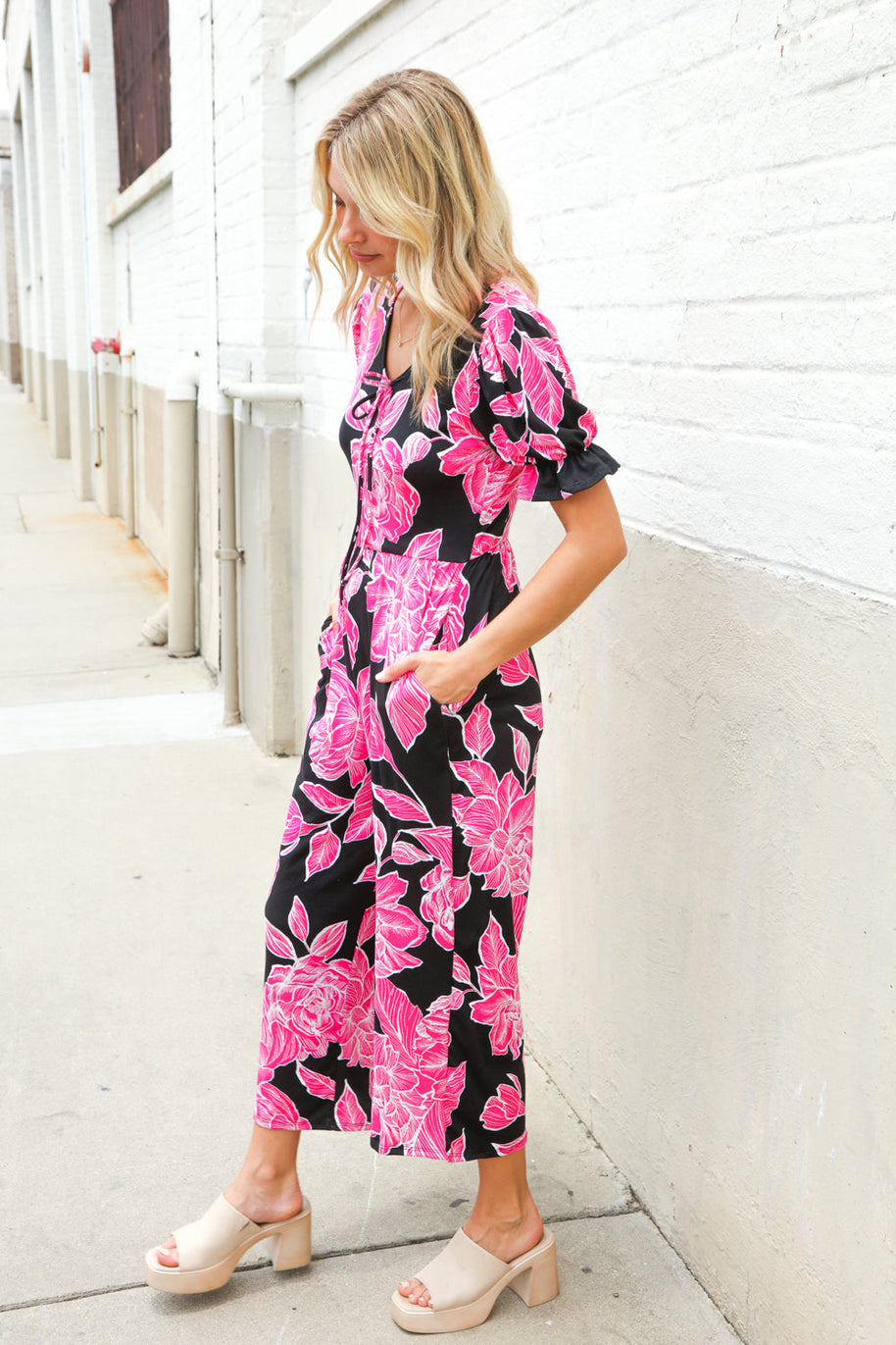 Spring Vibes Black Floral Print Ruffle Sleeve Wide Leg Jumpsuit