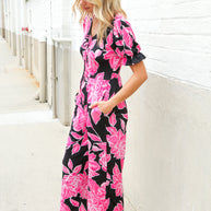 Spring Vibes Black Floral Print Ruffle Sleeve Wide Leg Jumpsuit
