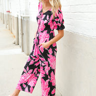 Spring Vibes Black Floral Print Ruffle Sleeve Wide Leg Jumpsuit