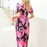 Spring Vibes Black Floral Print Ruffle Sleeve Wide Leg Jumpsuit