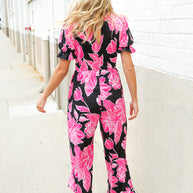 Spring Vibes Black Floral Print Ruffle Sleeve Wide Leg Jumpsuit