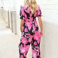 Spring Vibes Black Floral Print Ruffle Sleeve Wide Leg Jumpsuit