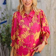 Elegant In Fuchsia Satin Button-Down Smock Long Sleeve Blouse