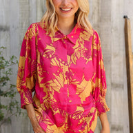 Elegant In Fuchsia Satin Button-Down Smock Long Sleeve Blouse