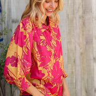 Elegant In Fuchsia Satin Button-Down Smock Long Sleeve Blouse