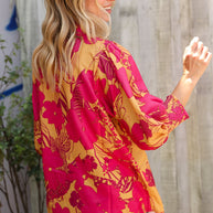 Elegant In Fuchsia Satin Button-Down Smock Long Sleeve Blouse