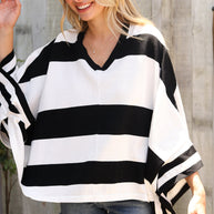 The Traveler Black/White Stripe Dolman Notch Neck Sweater Poncho