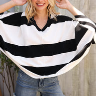 The Traveler Black/White Stripe Dolman Notch Neck Sweater Poncho